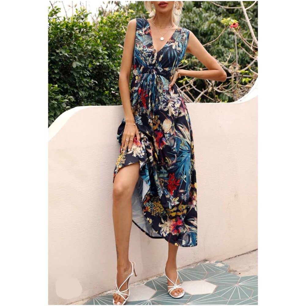 Anna-Kaci Dress V Neck Fits Medium Colorful Tropical Floral Vacation